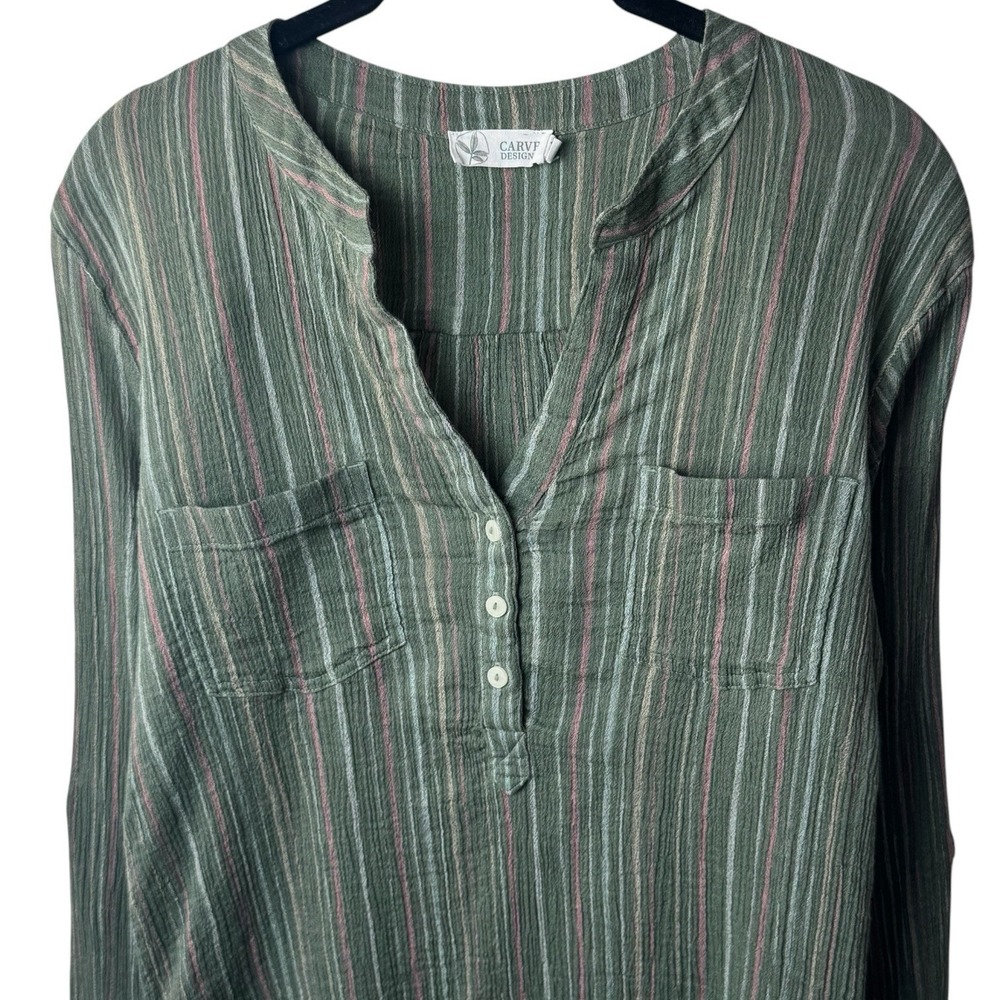 Carve Designs Dylan Gauze Shirt Cotton Striped Green Coastal Travel Comfort S - Picture 3 of 11